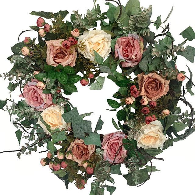 Spring Wreaths for Front Door 26 Inch Spring Rose Blossom Wreath Handmade Pink Artificial Everyday Floral Wreath on Grapevine for Farmhouse Front Door Wall Wedding Party Home Christmas Decor