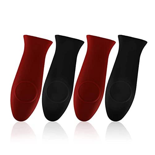 Magnitudo 4psc Silicone Hot Handle Holder, 4 Pack Premium Cast Iron Handle Cover, Heat Protecting Silicone Handle Set for Frying Pan Griddle Kettle 2 Colors (Red & Black)