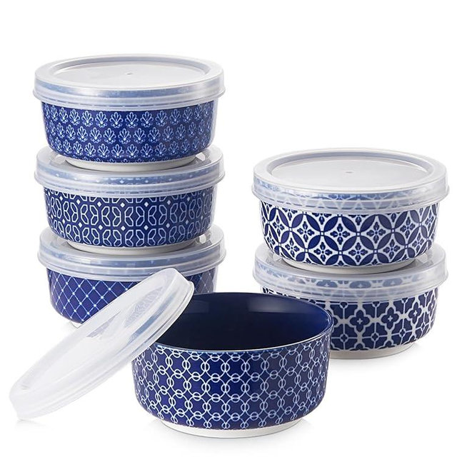 DOWAN Ramekins with Lids 4.8 oz, Ceramic Dipping Bowls with Lids, Small Oven Safe Baking Cups, For Personal Creme Brulee, Souffle, Custard, Ice Cream, Dipping Sauce Bowls, Set of 6, Vintage Blue