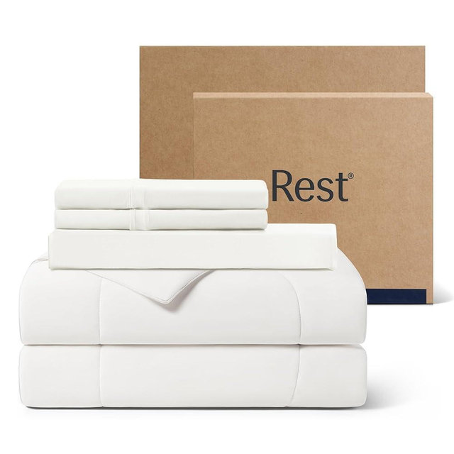 REST® Evercool®+ Cooling Comforter Set, King, Arctic White, 4pcs with Cooling Blanket, Wrinkle-Free Deep Pocket Fitted Sheet, 2 Silver-Infused Pillowcases for Skin and Hair Bed Set, for Ultra Comfort