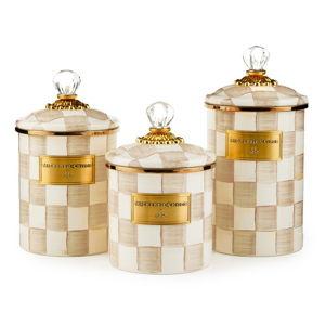 MacKenzie- Childs Set of 3 Enamel Canisters in MOCHA CHECK, Mini Demi and Small - QVC.com