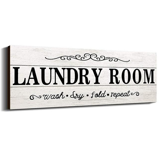 Laundry Room Decor Sign Wooden Rustic Farmhouse Family Laundry Room Wall Sign Wash Dry Fold Repeat Wall Decor Prints for Home Laundry Room, 16 x 6 Inches (White)