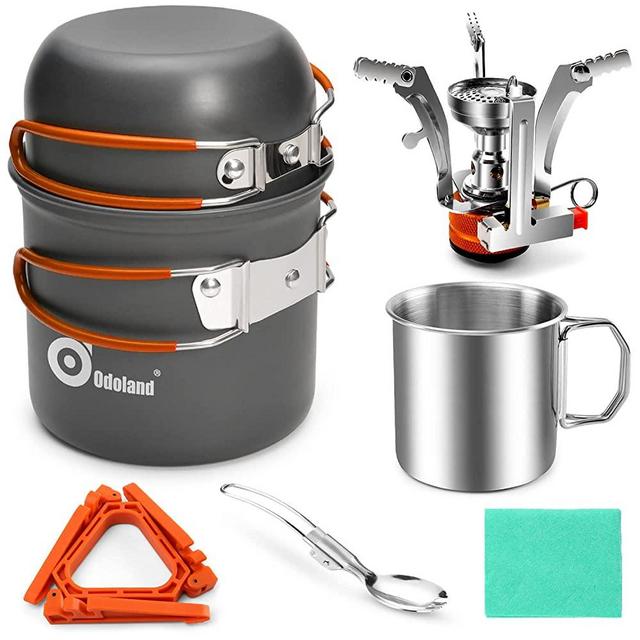 Odoland 8pcs Camping Cookware Mess Kit, Camping Pot and Pan Set with Mini Backpacking Stove, Stainless Steel Cup, Spork and Tank Bracket, Cooking Gear for Outdoor, Hiking, Picnic, Campfire