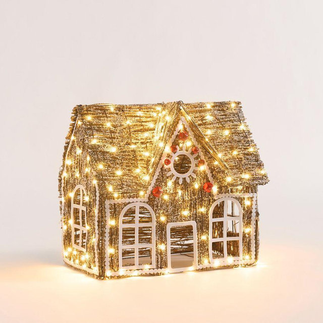 Lit Rattan Gingerbread: Brown/Red: Short House
