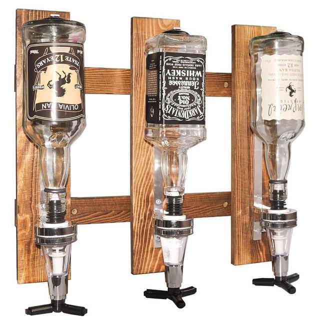 Gesonlinka 3 Bottles Wall Mounted Liquor Dispenser, Drink Beverage Alcohol Wine Dispenser Bottle Wood Wall Shelf for Home Bar, Glass Drink Whiskey Dispenser for Parties (3 Dispensers)