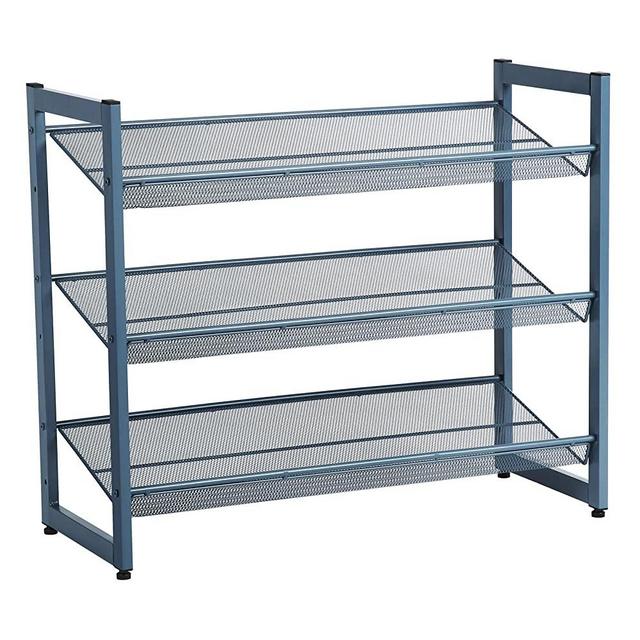 SONGMICS 3-Tier Shoe Rack Storage, Metal Mesh, Flat or Angled Stackable Shoe Shelf Stand for 9 to 12 Pairs of Shoes, Ebony Blue ULMR03BU