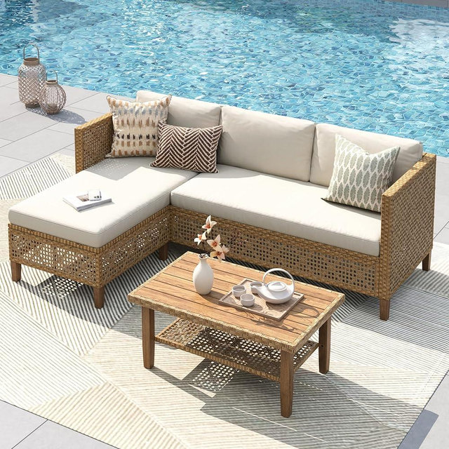 PHI VILLA Sectional Outdoor Couch, Small Patio Furniture Set with Cushions and Acacia Wood Coffee Table, L-Shaped Wicker Outdoor Sofa for Deck or Porch, 4 Seats, Beige