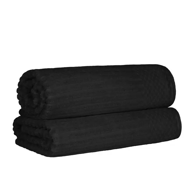 Cotton Highly Absorbent Solid and Checkered Border Bath Sheet Set, Black - Blue Nile Mills