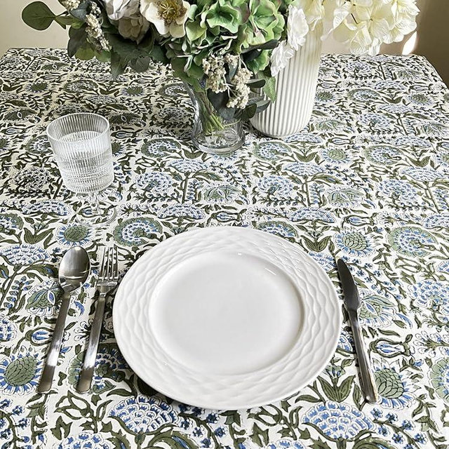 ATOSII Clover Blue 100% Cotton Round Boho Fall Tablecloth, Handblock Floral Table Cloth Linen for Kitchen Dining I Parties Wedding Outdoors Christmas Thanksgiving I 90" Inches Round I 6 Seater