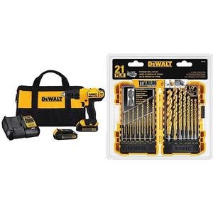 Dewalt DCD771C2 20V MAX Cordless Lithium-Ion 1/2 inch Compact Drill Driver Kit and Drill Bit Set, 21-Piece
