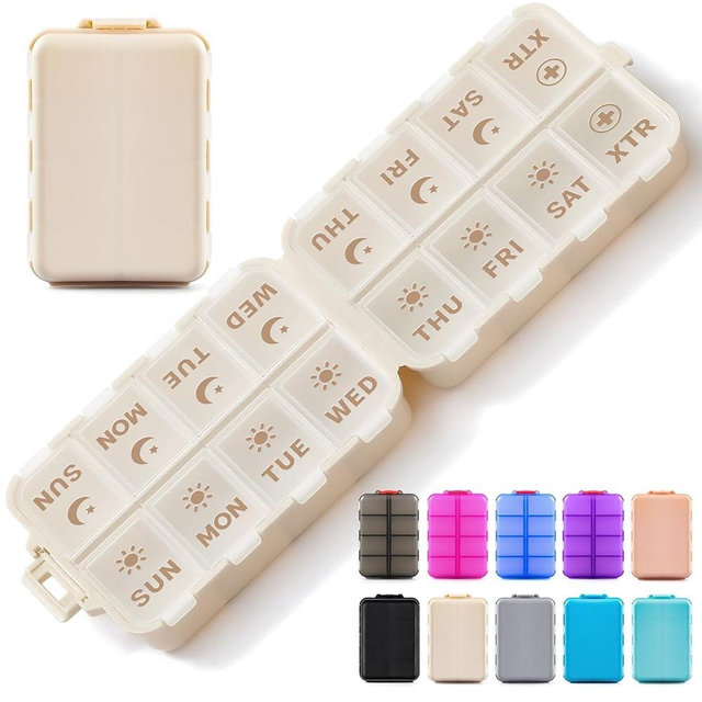 Foldable & Portable Pill Organizer 2 Times A Day with Extra Compartments - Etched Labels - Weekly 7 Day AM PM Medicine Box, Week Daily Travel Pill Case Holder Dispenser for Vitamin, Supplement - Khaki