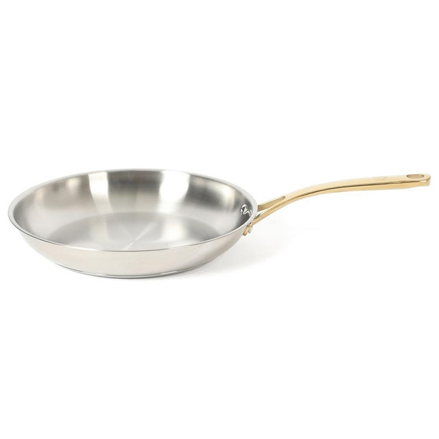 Martha Stewart Castelle 12-Inch Stainless Steel Frying Pan with Gold-Tone Handle – Tri-Ply Encapsulated Bottom, Oven Safe & Induction Safe Skillet for Searing and Sautéing