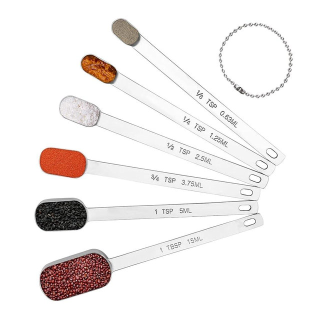 BERYLER Long Handle Measuring Spoons Set of 6, Stainless Steel Measure Teaspoons, Metal Rectangular Bowl Tablespoon