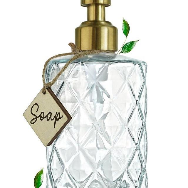 JASAI Diamond Design Glass Soap Dispenser with Golden Pump, Refillable Hand Soap Dispenser for Kitchen, Soap Dispenser Bathroom for Soap, Hand soap, Dish Soap, Lotion.