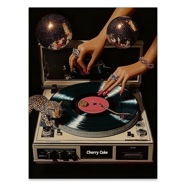YYS Vintage Vinyl Record Canvas Wall Art - Funky Disco Ball Turntable Aesthetic Poster 70s Music Prints 12x16in Unframed - Record Player Cheetah Pictures Artwork for Living Room Bedroom Dorm Decor