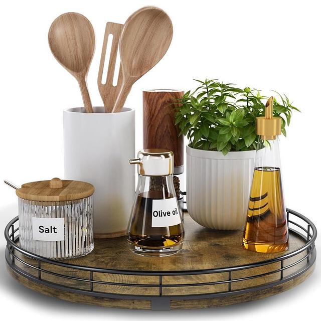 HGF Farmhouse 12" Lazy Susan Turntable Organizer for Table Top, Round Wooden Lazy Susan for Cabinet Kitchen Decor Centerpieces Coffee Table, Storage Condiments Spices, Bathroom Vanity Tray for Soap