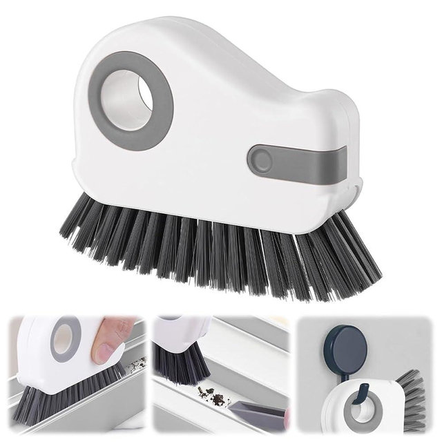 2 in 1 Groove Cleaning Brush, Window Track Cleaning Tools, Multifunction Window Track Cleaner with Hard Bristle and Hidden Scraper, Crevice Brush for Sliding Door Track, Window Seal, Sill (Gray)