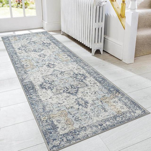GENIMO Runner Rug 2x5, Machine Washable Non Slip Vintage Runner Rug, Low Pile Lighrweight Rugs for Entryway, Hallway, Kitchen and Corridor, Blue
