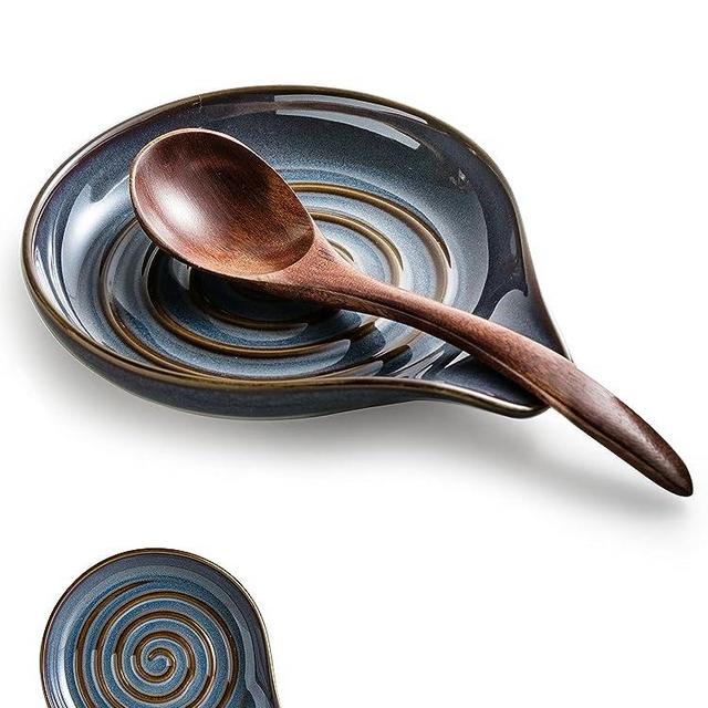 Cooking Spoon Rest for Stove Top Utensil Rest for Spoons, Ladles, Tongs, Spatula, Large Spoon Holder with Handle for Easy Grip Framhouse Decor Cute Kitchen Gadget, Two Tone Gray and Blue