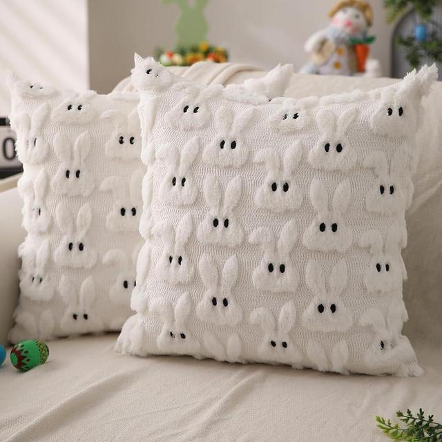 DFXSZ Easter Pillow Covers 18x18 inch Set of 2 Easter Decoration Cream White Rabbit Soft Plush Faux Fur Jacquard Throw Pillows for Bedroom Sofa Holiday Festivals Home Decor FHJ-07C18