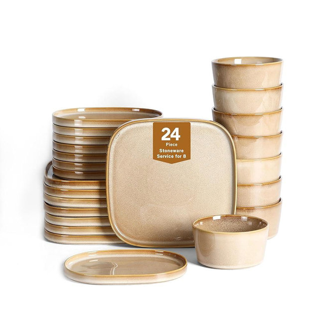 Stone Lain Cairo 24-Piece Dinnerware Set Stoneware, Plates and Bowls Set, Microwave and Dishwasher Safe, Includes Dinner and Salad Plates, Cereal Bowls, Dishes for 8, Sand