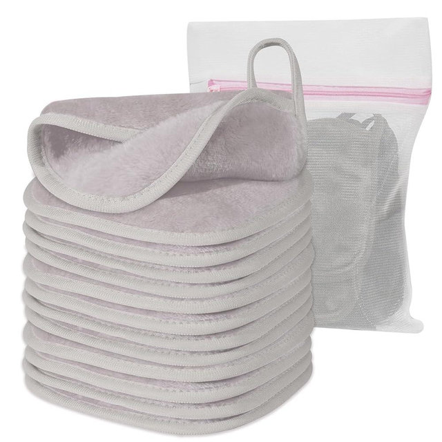 Natwag Makeup Remover Cloth, 6" x 6" Make Up Towels Reusable Face Cloth for Washing Face, 12 Pack Makeup Remover Pads Microfiber Face Washcloth with Mesh Bag, Light Grey
