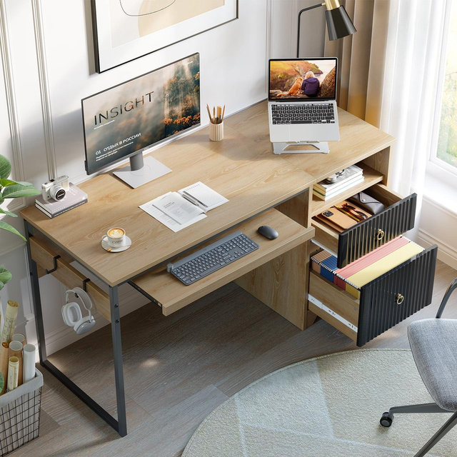 Bestier 55 Inch Office Desk with Drawers, Keyboard Tray, 2 Hooks, Modern Fluted Computer Desk for Home, Natural Oak