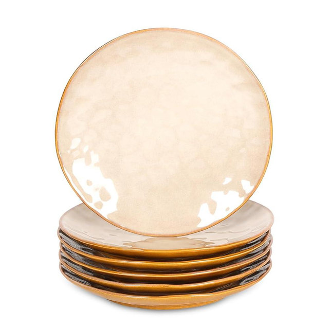 vicrays Ceramic Dinner Plates Set, 10.5 Inch, Set of 6, Round, Microwave, Oven, Dishwasher Safe, Porcelain Fluted Suitable for Steak, Pasta, Pizza, Home, Party, Restaurant (Beige)