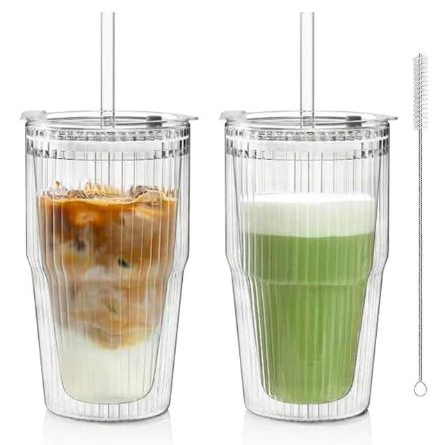 KEMORELA 16oz Ribbed Glass tumbler with Lids and Straws 2pcs,Double Wall Iced Coffee Cups with Lids,Coffee Bar Accessories, Insulated Borosilicate Glass Tumblers, To Go Coffee Cups, Spill proof