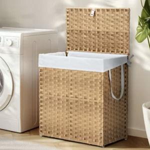 Bestier Laundry Basket with Lid, 90L/110 L Hand-Woven Rattan Laundry Hamper with Compartments & Handles, Foldable, Removable Liner