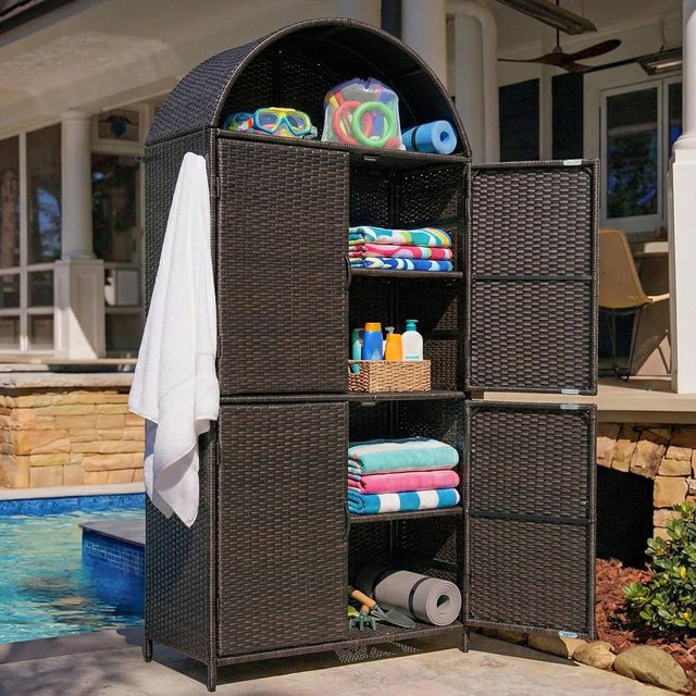 72"H Large Outdoor Storage Cabinet, Arched Rattan Wicker 4-Door Vertical Storage Shed with Adjustable Shelves & Drawer, Two Side Hooks, Outdoor Towel Holder for Garden, Backyard (Brown+Black/13)