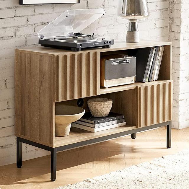 mopio Norwin Entryway Table, Modern Industrial Farmhouse Console Table, Display Shelf, Sofa Table, Accent Cabinet, with Metal Legs, Soft Close Door, Storage Shelves, & Leveler, for Living Room, Oak