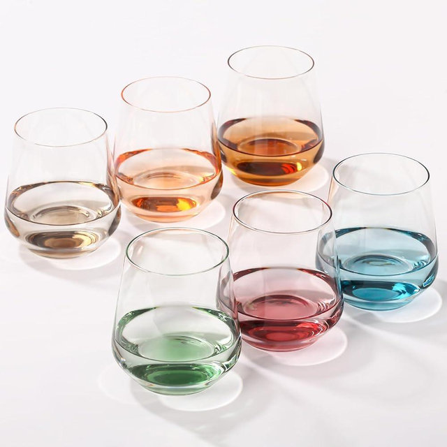 JOVGANK Stemless Wine Glasses Set of 6 - Hand Blown Colored Short Wine Tumblers - 17 oz, [Lead-Free Crystal Glass] Large Sparkling Wine Glass, Unique Gift for Birthday,Wedding, Mother’s Day