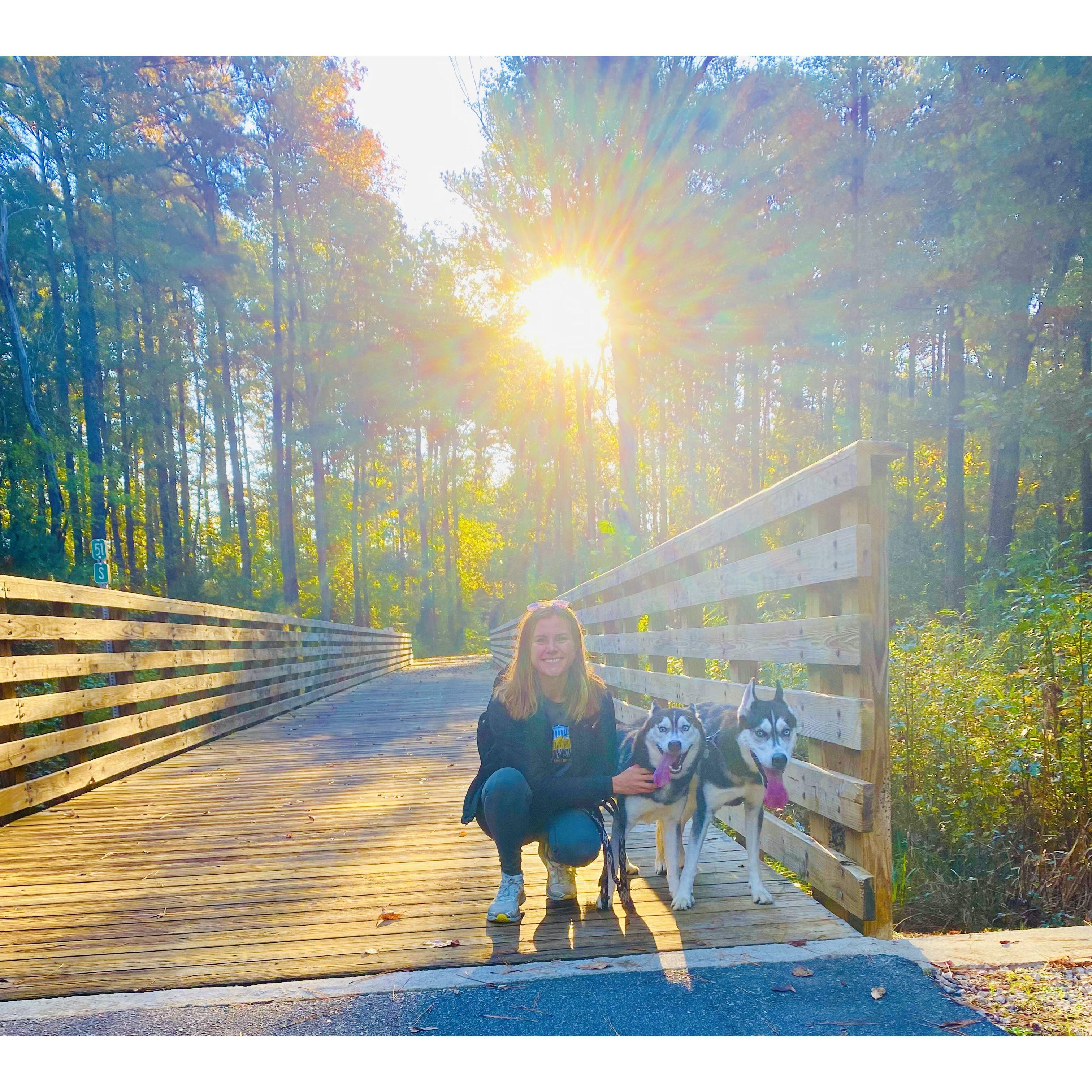 One of the many mornings we spent on the trails with the pups. Not a lot of people can handle those two, but Renee makes it look easy!