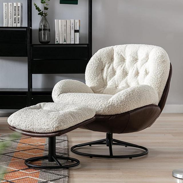 ZHENGHAO Swivel Accent Chair with Ottoman, Mid Century Modern Faux Fur Lounge Chair with footrest, Comfy Fluffy Armchair with 360 Degree Metal Base for Reading/Living Room/Bedroom, White