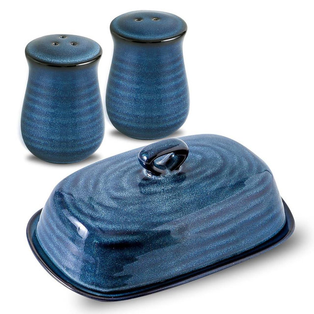 Hasense Ceramic Salt Pepper Shakers and Butter Dish Set, 2 Pieces Navy Reactive Glaze Dinnerware Accessories Set Perfect for Home Decor, Kitchen Housewarming Gift