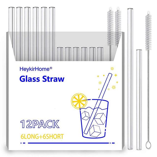 HeykirHome 12-Pack Reusable Glass Straws ,6 Pack 8''x10 MM+ 6 Pack 5”x10 MM with 2 Cleaning Brush- Perfect For Smoothies, Tea, Juice