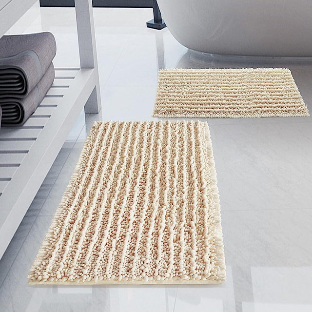 H.VERONNEX Luxury Chenille Cream Bathroom Rugs Sets 2 Piece, Thickened Hot Melt Rubber Bottom Bath Mats for Bathroom Non Slip,Bath Rugs Quick Dry Machine Washable for Shower Mat,Puppy-Loved Mat