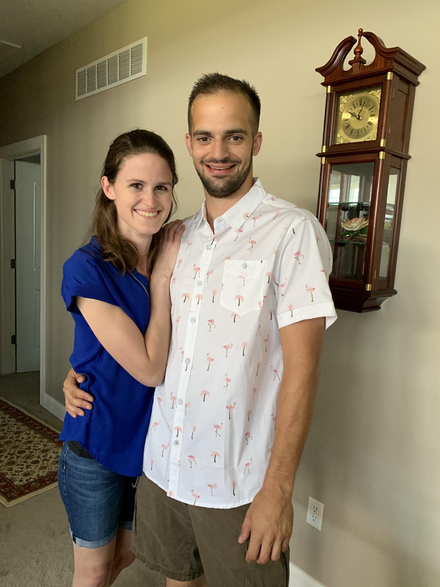 Going out to a parish get-together. Matthew was sporting a flamingo shirt! - August 2021