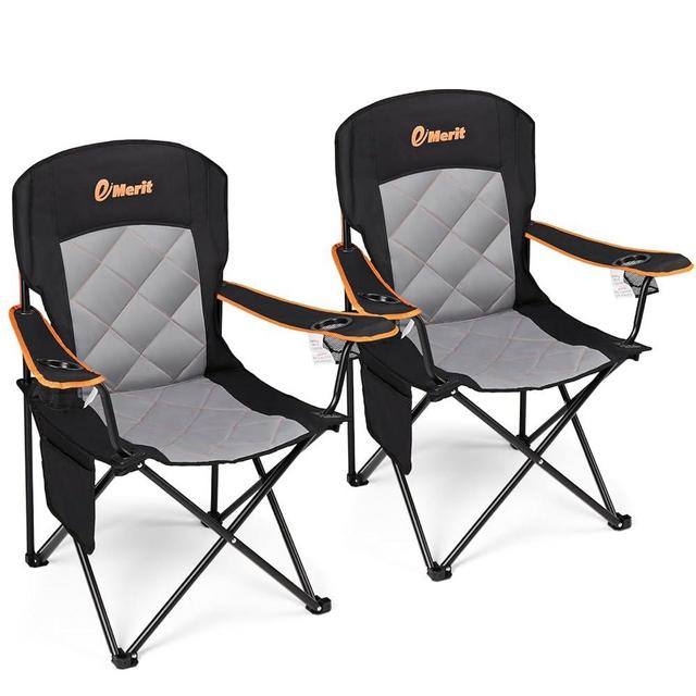 EMERIT 2 Pack Oversized Padded Camping Chair, 350LB Heavy Duty Quad Fold Chair with Arms, Collapsible Outdoor Chairs with Lumbar Back & Cup Holder