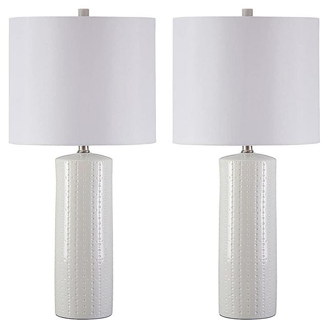 Signature Design by Ashley - Steuben Textured Ceramic Table Lamp Set with Drum Shades - Contemporary - Set of 2 - Solid White, 2 Piece