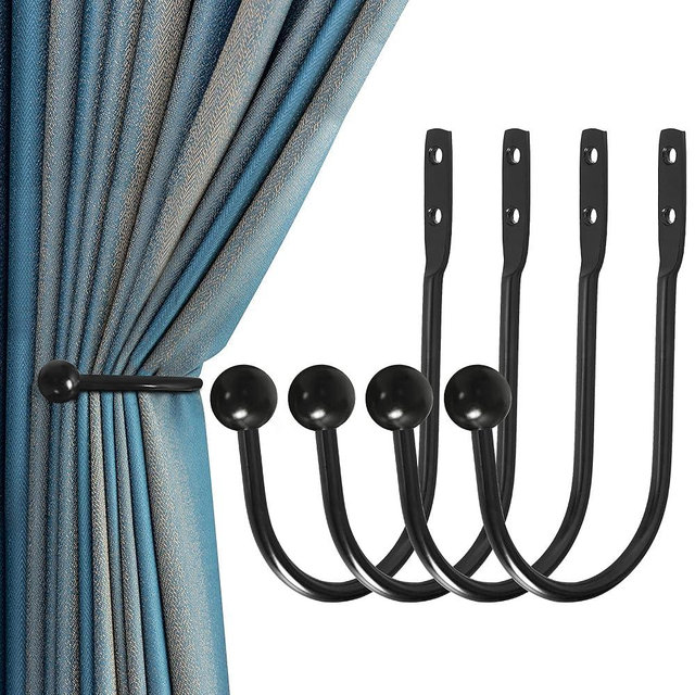 Curtain Holdback, 4 Pcs Wall Mounted Drapery Tiebacks with Screws, Heavy Duty Metal Decorative Window Drapery Holder Curtain Hook, Black