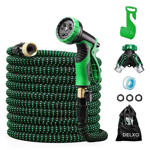 Delxo 100Ft Expandable Garden Hose Kit Include 7,Flexible Water Hose with 9-Function High-Pressure Metal Spray Nozzle, Leakproof Design 3/4 Solid Brass Fittings Lightweight But Heavy Duty Hose Green