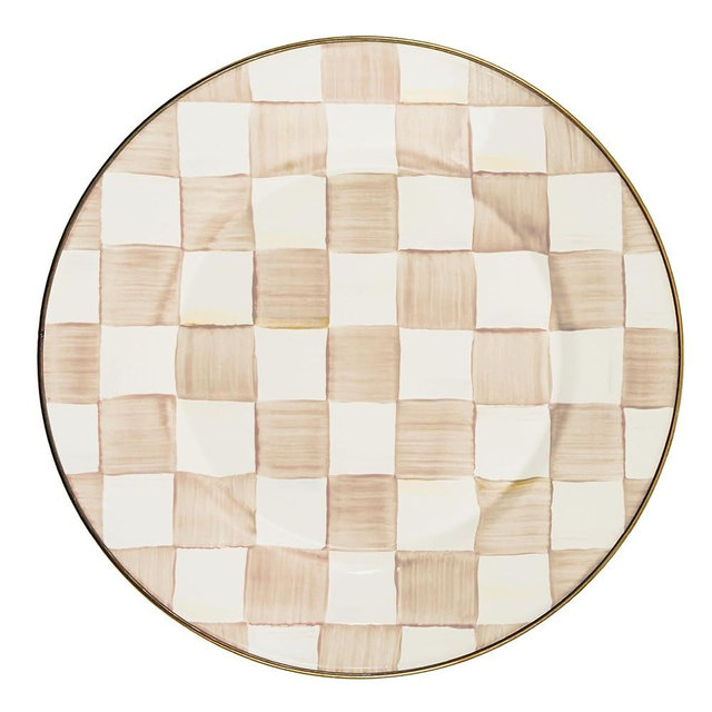 MACKENZIE-CHILDS Enamel Dinner Plate, Decorative Dinnerware Plate, 10 Inches, Brown-and-White Mocha Check