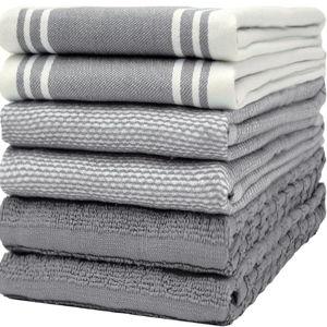 Premium Kitchen Towels (20”x 28”, 6 Pack) | Large Cotton Dish Towels | Flat & Terry Highly Absorbent Kitchen Linen Set with Hanging Loop | Wide Stripe Grey