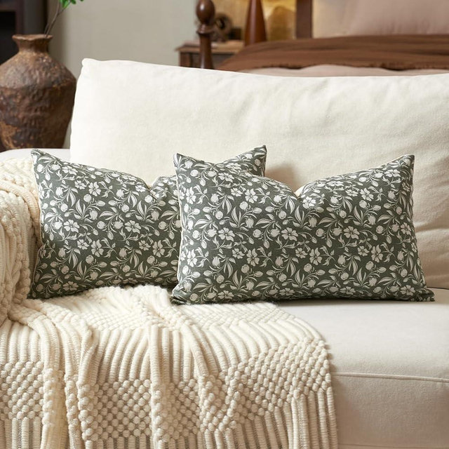 Aeckself Neutral Floral Lumbar Pillow Covers 12x20 Set of 2, Vintage Block Print Throw Pillow Covers Decorative Farmhouse Accent Couch Pillows for Living Room Bedroom, Green