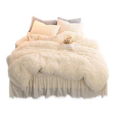 LIFEREVO Luxury Plush Shaggy Duvet Cover Set (1 Faux Fur Duvet Cover and 2 Pompoms Fringe Pillow Shams) Solid, Zipper Closure (King Light Beige)