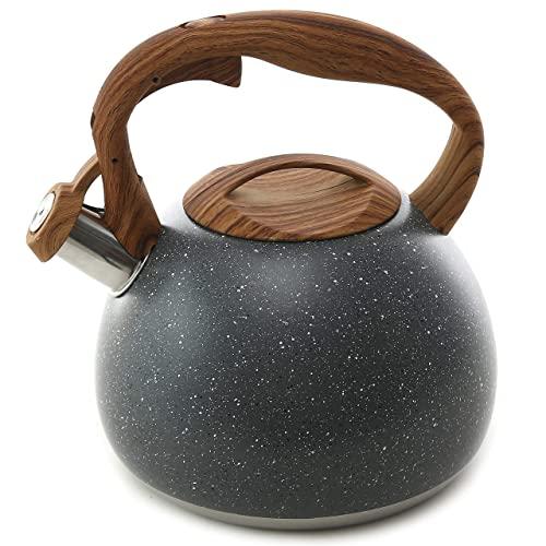 Tea Kettle, 2.7 Quart BELANKO Teapot for Stovetops Wood Pattern Handle with Loud Whistle (Gray)