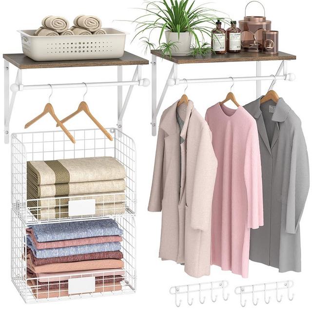 DAOUTIME 2 Set Laundry Room Shelves Wall Mounted with Wire Storage Baskets, Over Washer and Dryer Shelves with Hanging Rods and Hooks, Wire Shelves for Laundry Organization and Storage, White, Wooden