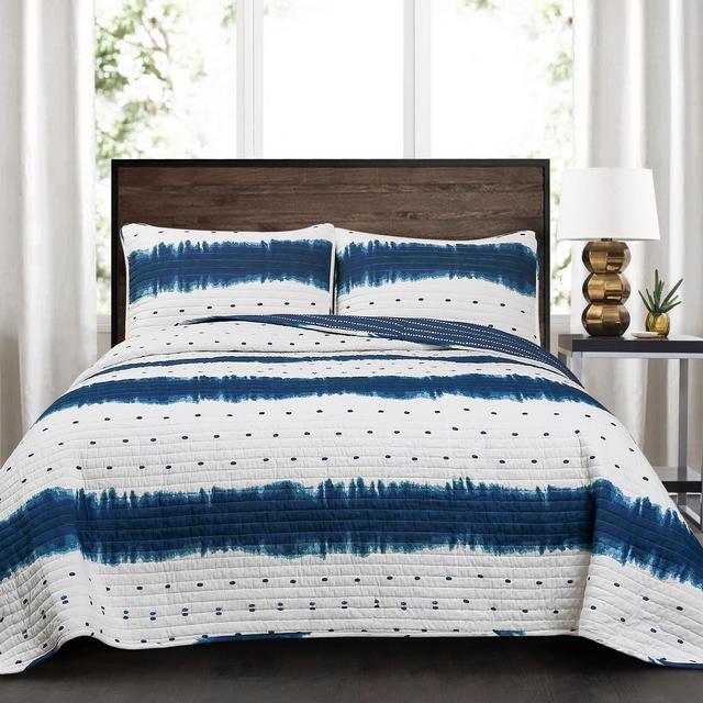 King 3pc Jane Shibori Quilt Set Navy - Lush Décor
